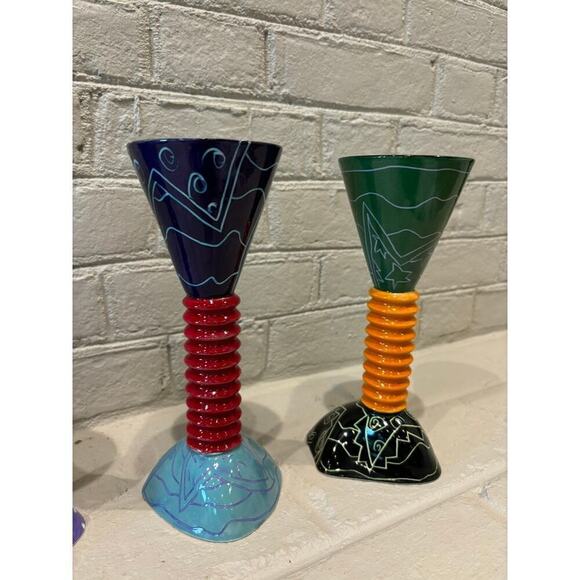 Set of Three Marilee Hall Ceramic Pottery Whimsical Modern Goblet Vase Folk Art - Picture 4 of 10